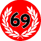 PVC sticker '69' red/black/white, round